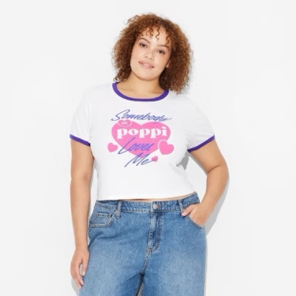 Poppi Tops - Poppi White and Pink Ringer Crop T-Shirt with Purple Trim, XXL